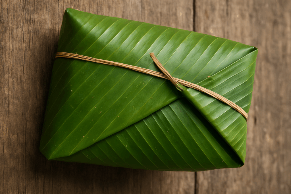 Traditional lunch wrapped in banana leaf – a natural, eco-friendly way to pack food still used in many parts of Asia.
