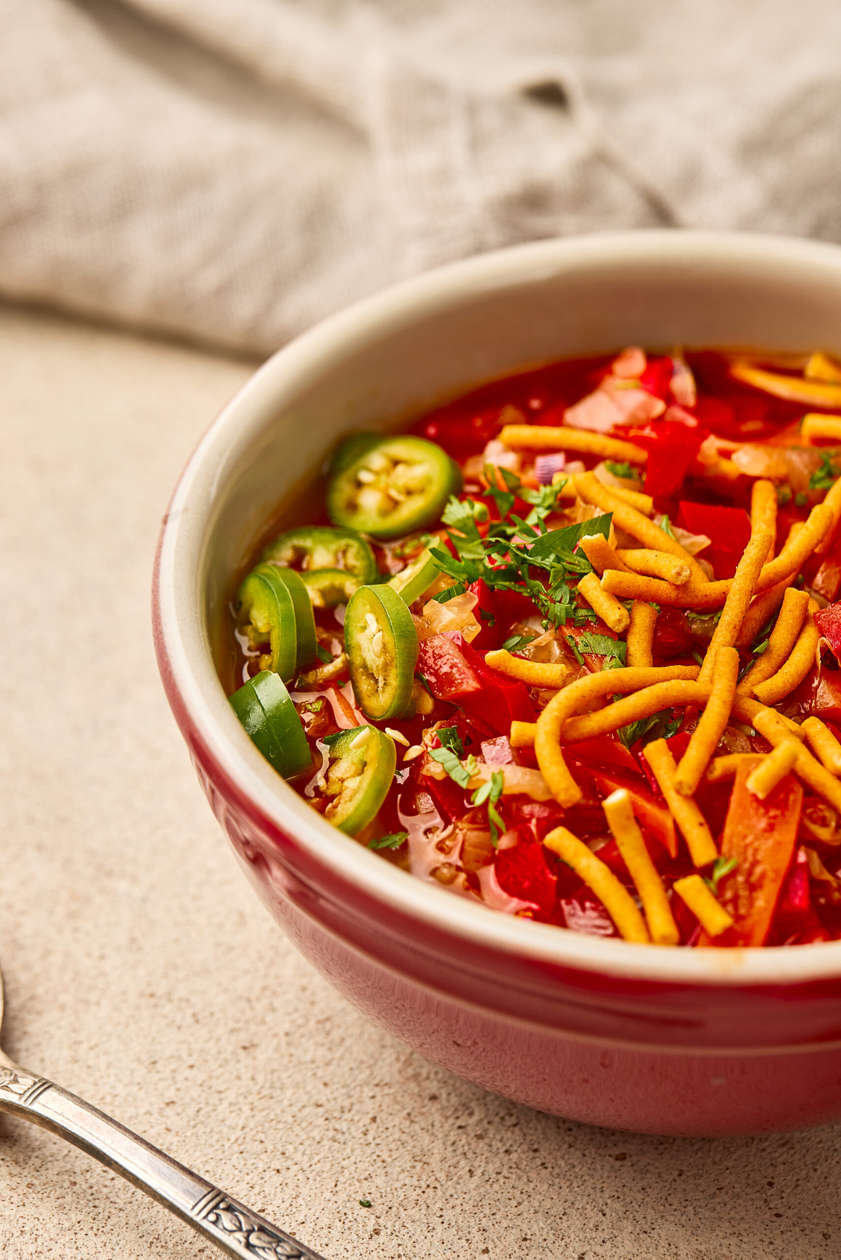 Close-up of Manchow Soup showing hot, spicy broth with vegetables and crispy noodle topping.