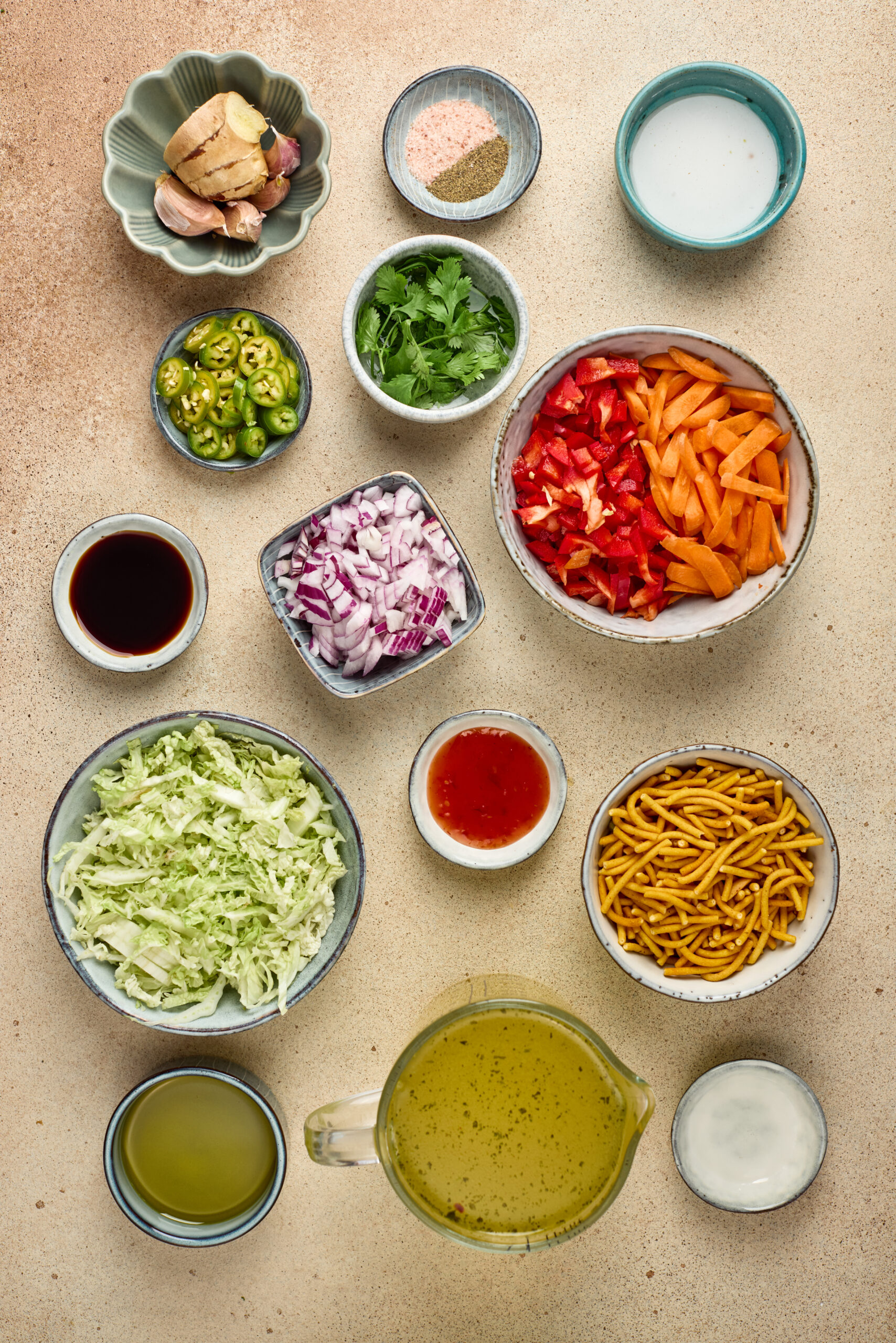 Ingredients for Manchow Soup including chopped cabbage, carrots, beans, capsicum, garlic, soy sauce, vinegar, and fried noodles arranged on a counter.