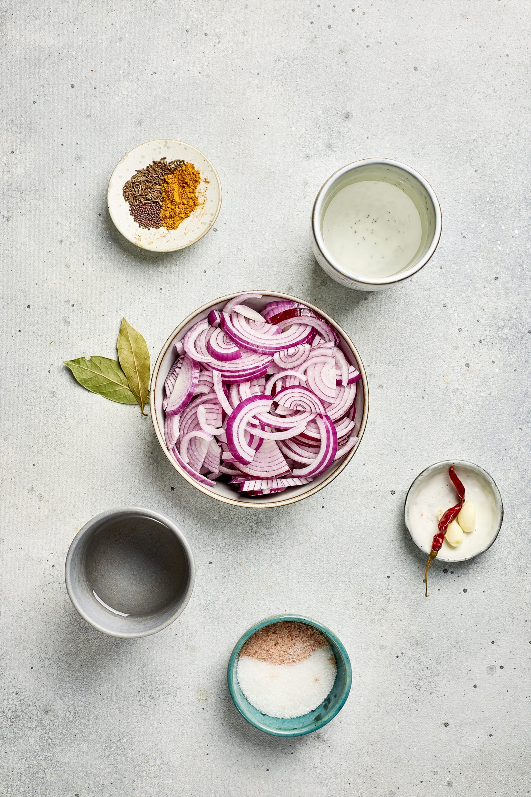 Ingredients for pickled red onions including sliced red onions, vinegar, sugar, salt, and mustard seeds arranged on a kitchen counter