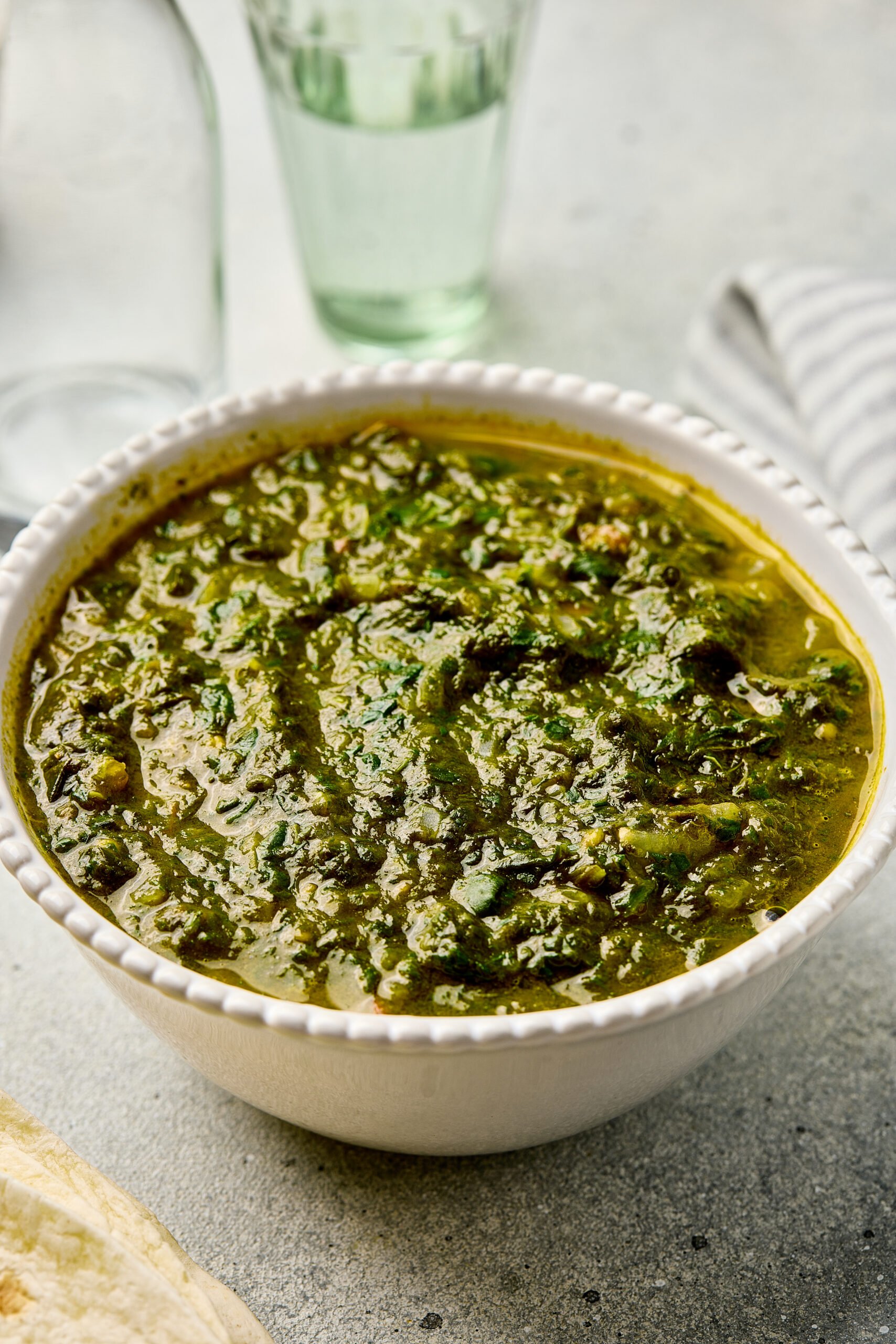 Close-up of Saag showing its creamy, textured greens curry