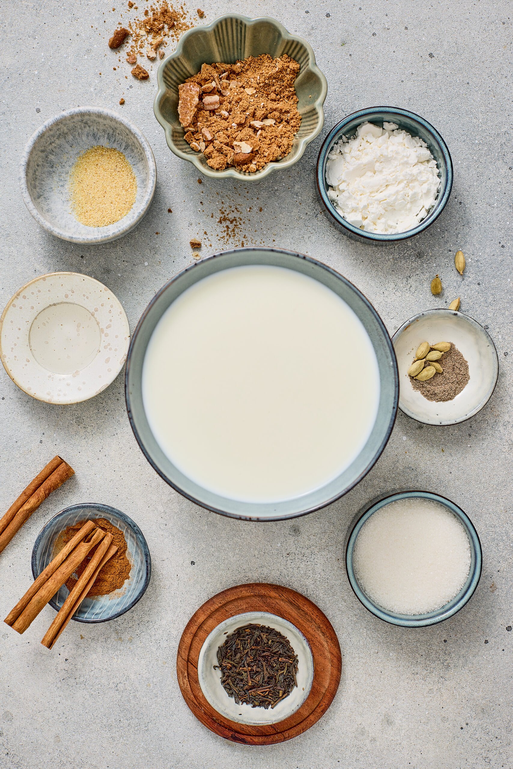 Ingredients for chai latte pudding arranged on a counter