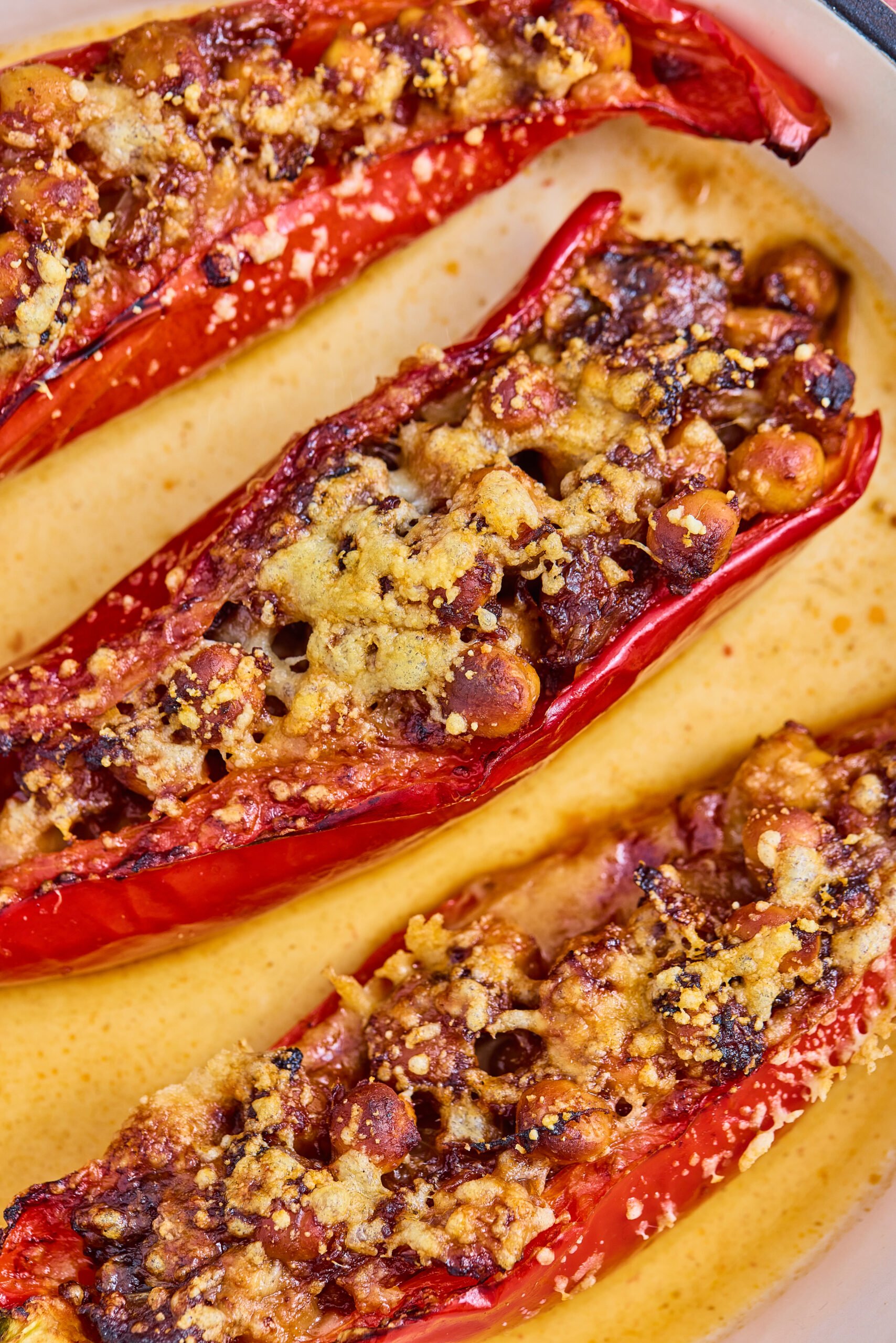Close-up of chana masala stuffed peppers.