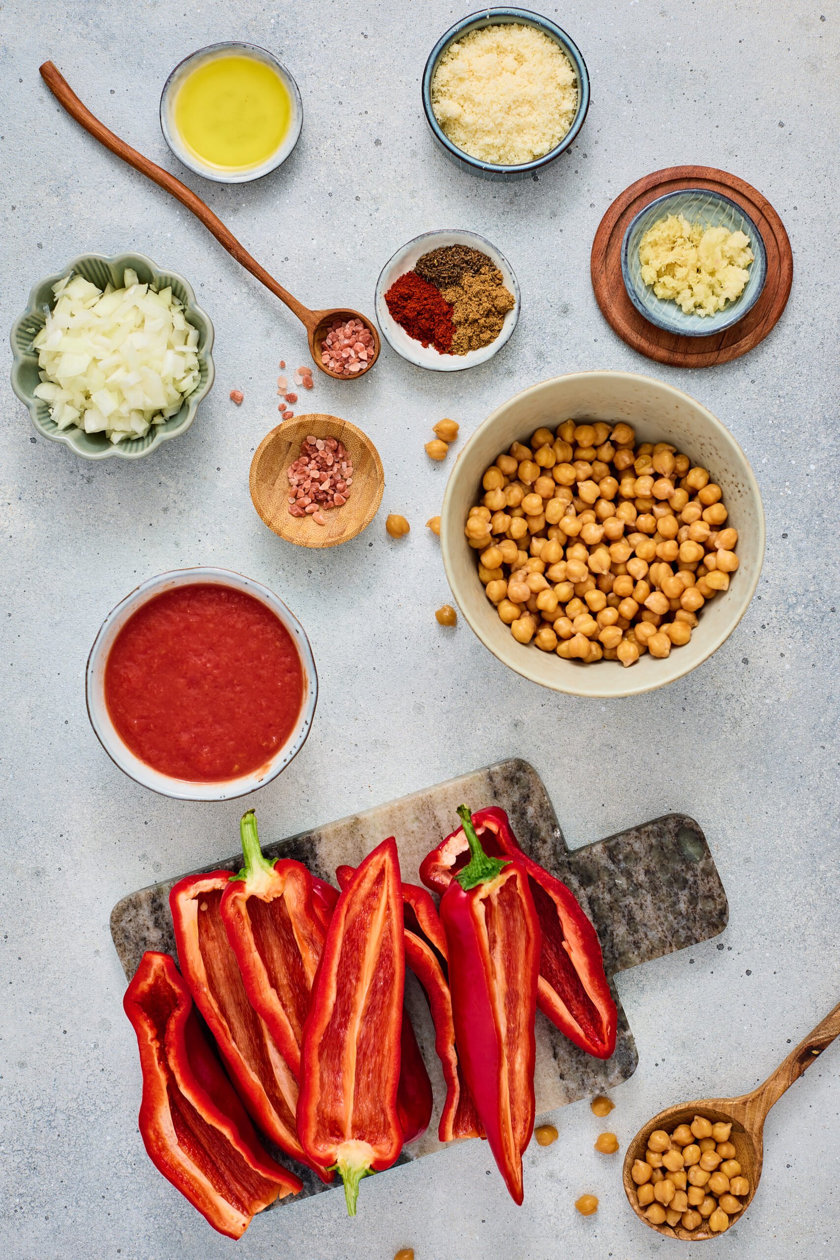 Ingredients for chana masala stuffed peppers on a counter.