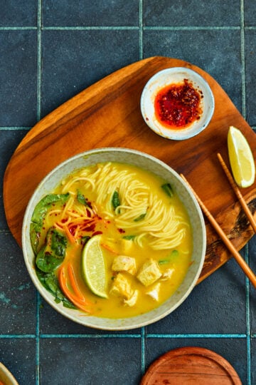 Coconut curry ramen served in a bowl