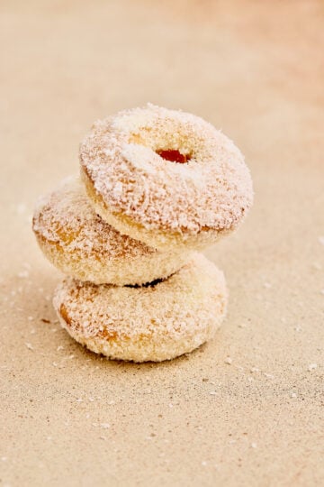 Soft coconut ladoo donuts with a light coating