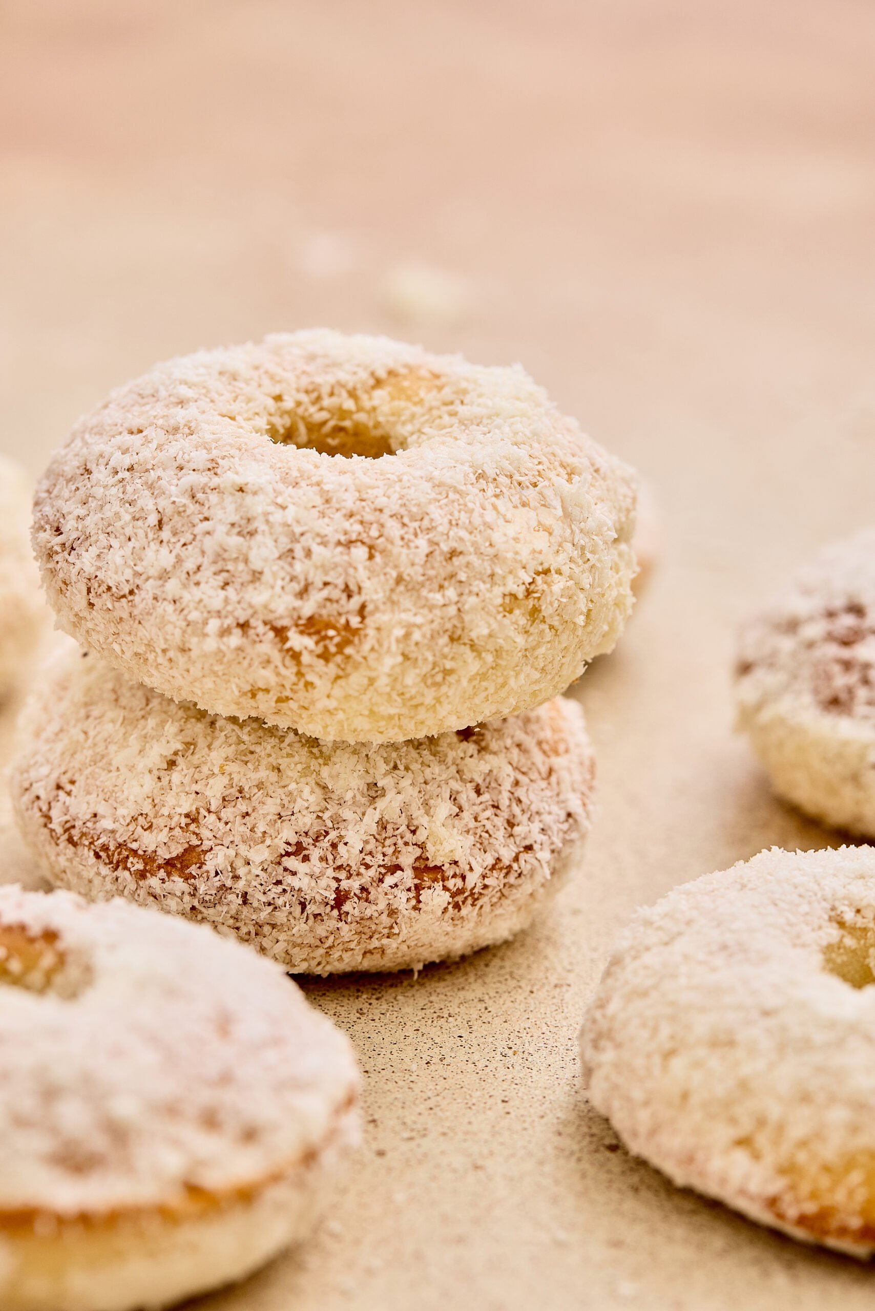 Close-up of coconut ladoo donut with soft crumb