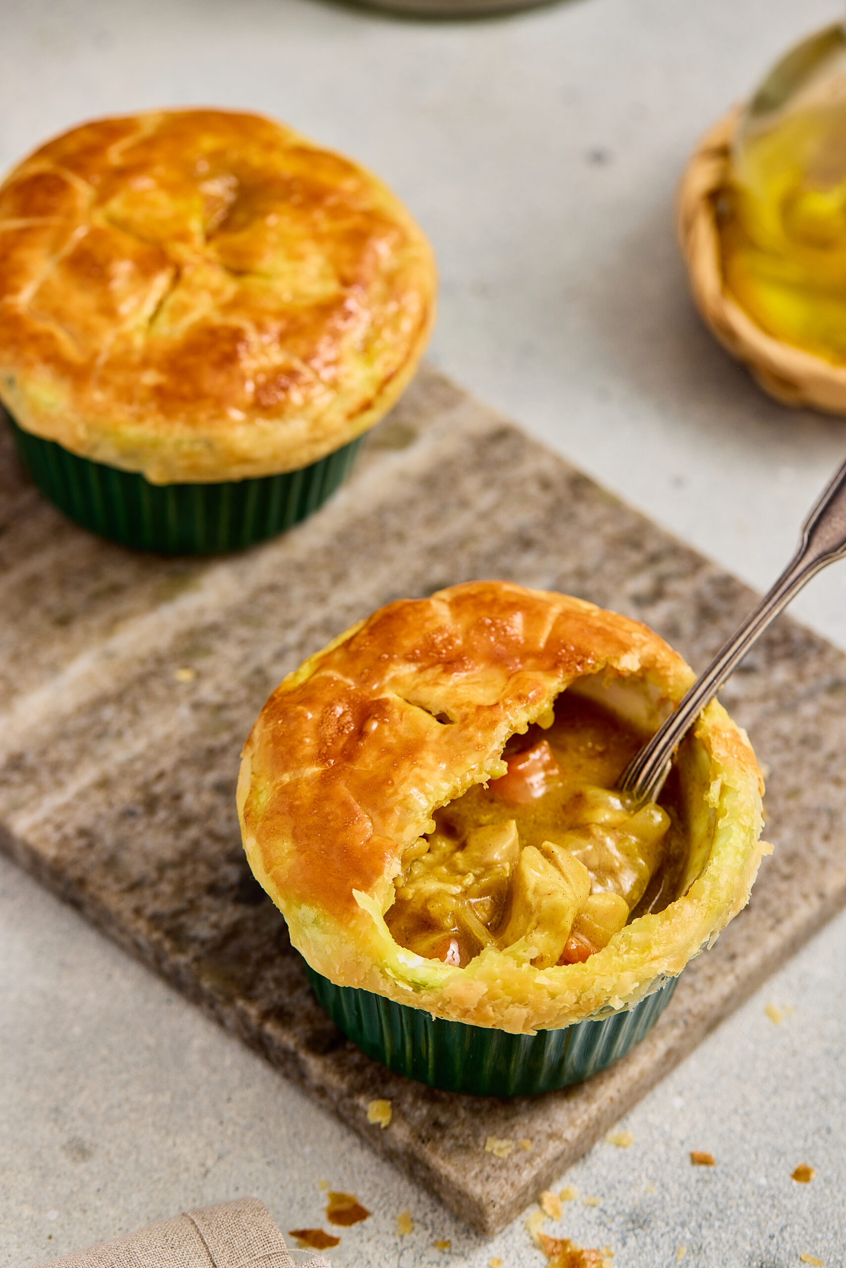 Curry pot pie served warm with golden crust and creamy filling