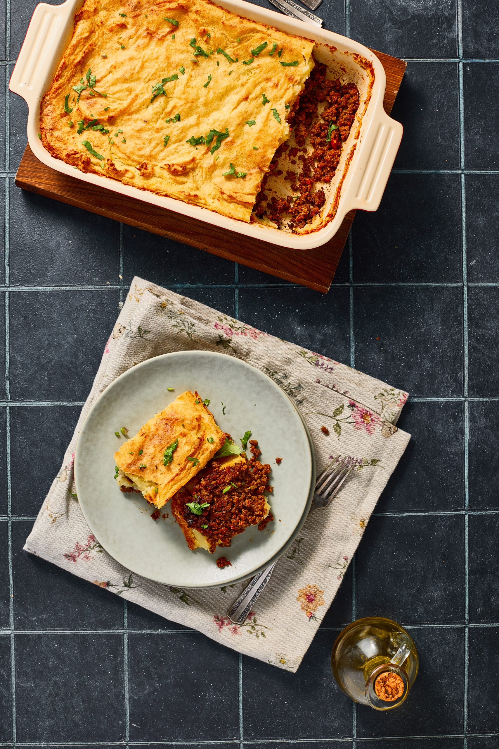 Oven-baked Masala Shepherd’s Pie with golden potato crust.