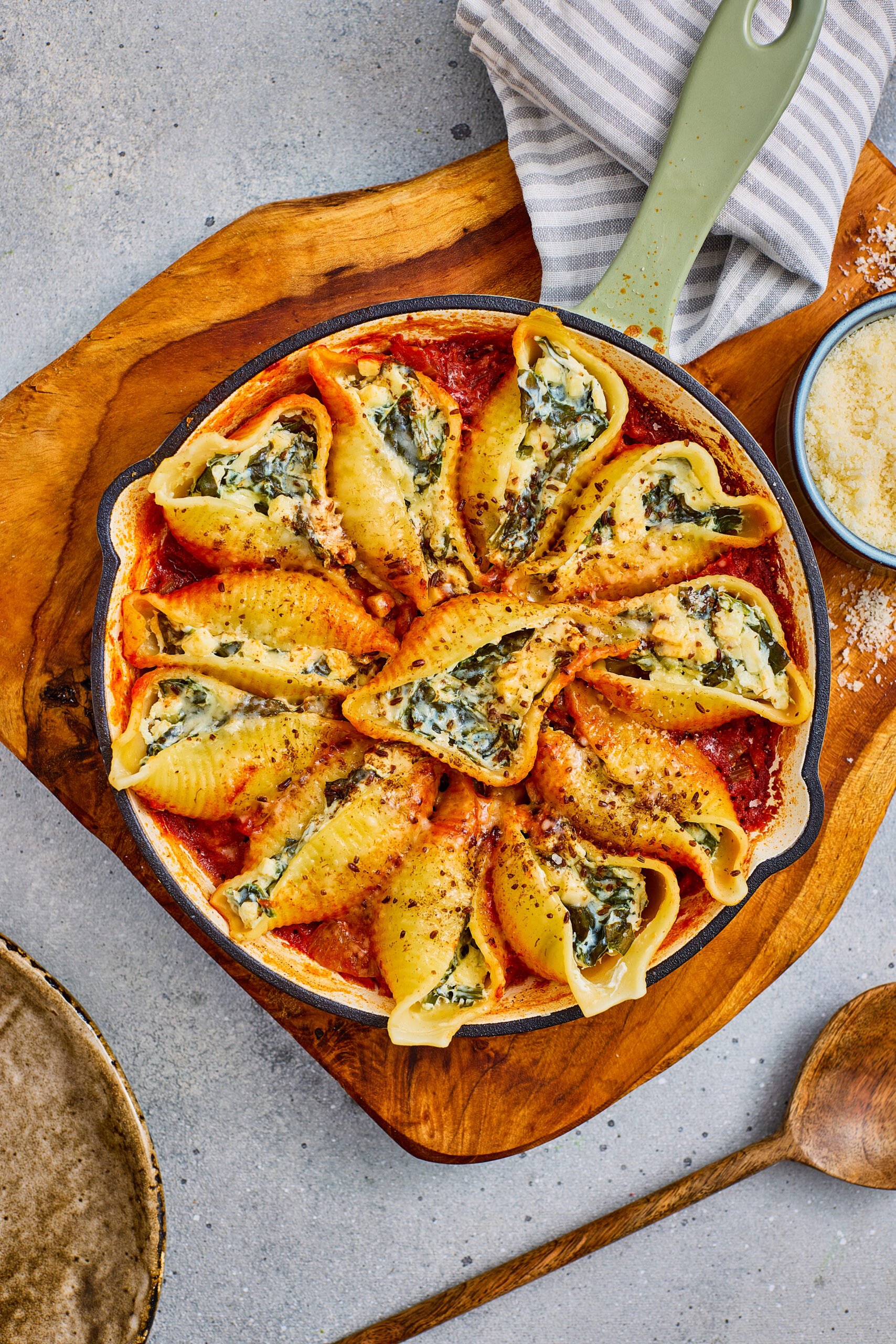 Paneer and spinach stuffed pasta shells baked until creamy