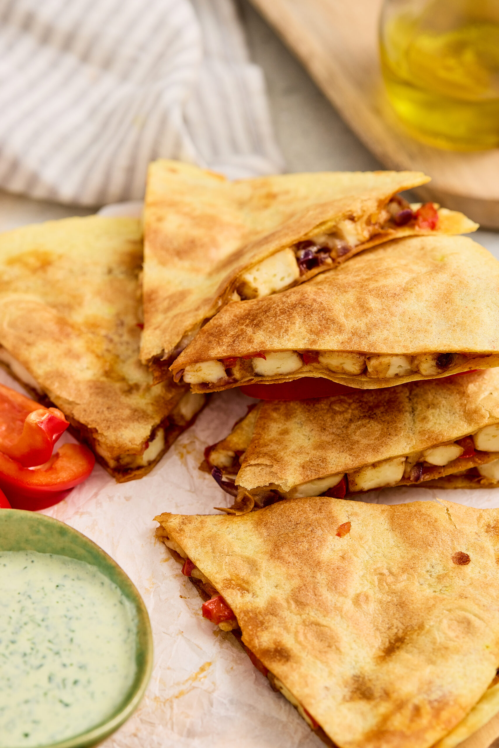 Paneer tikka quesadillas cut into wedges, ready to serve.