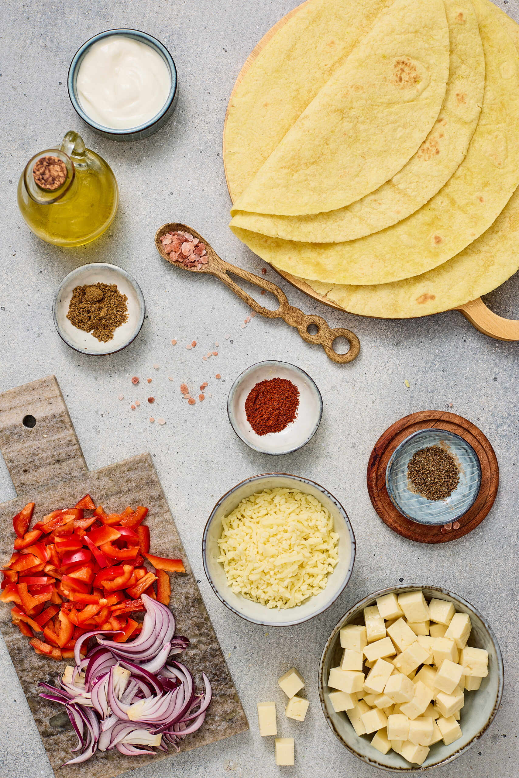 Ingredients arranged for paneer tikka quesadillas