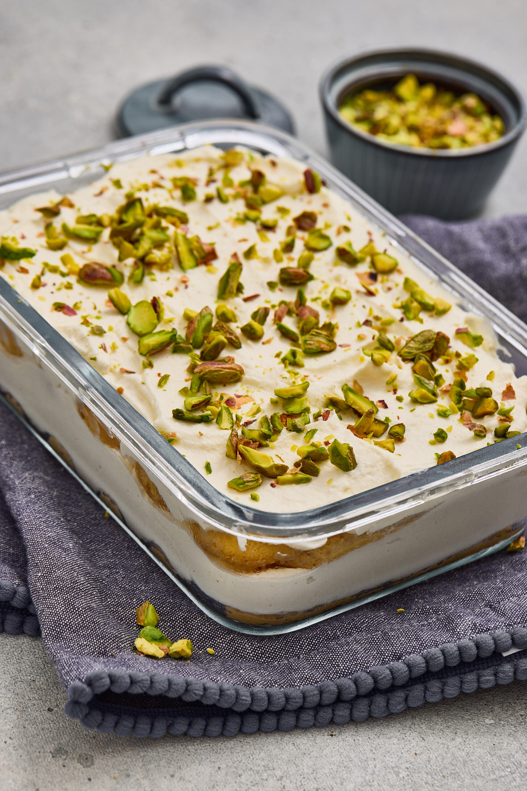 Pistachio rose tiramisu served chilled and ready to enjoy.