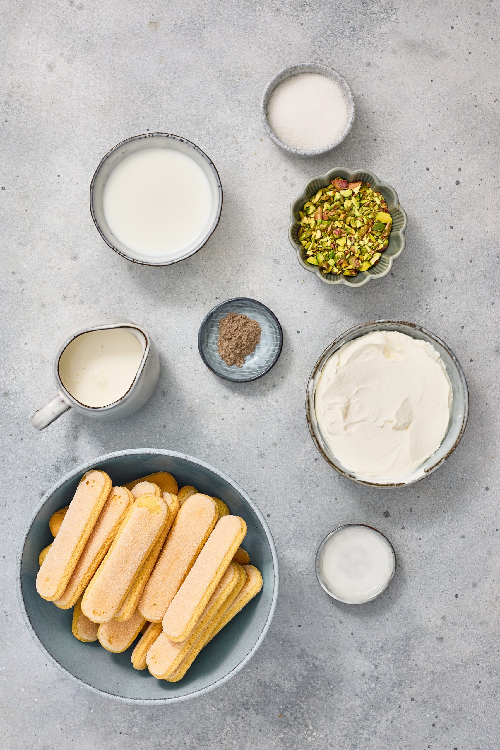 Ingredients arranged for pistachio rose tiramisu.